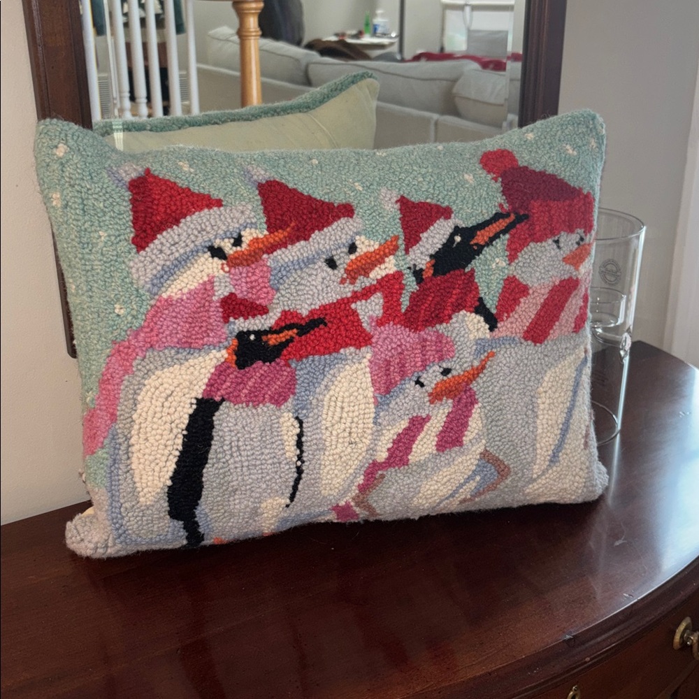 Festive Penguins Holiday Winter pillow called “gondola run”